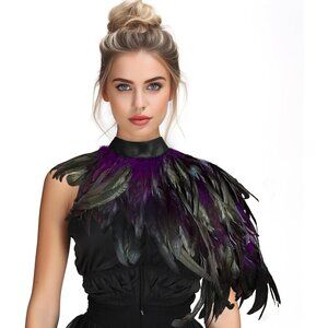 Women Feather Cape Shawl Costume Black Witch Wings Collar Adult Crow Neck
